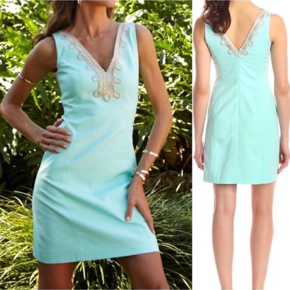 Lilly Pulitzer Aqua Blue Seersucker Gold Soutache V-Neck Shift Dress Womens 14 - Picture 8 of 8